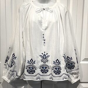 Primark White Cotton Embroidered Balloon Sleeve Boho Top Size 8 (fits oversized)
